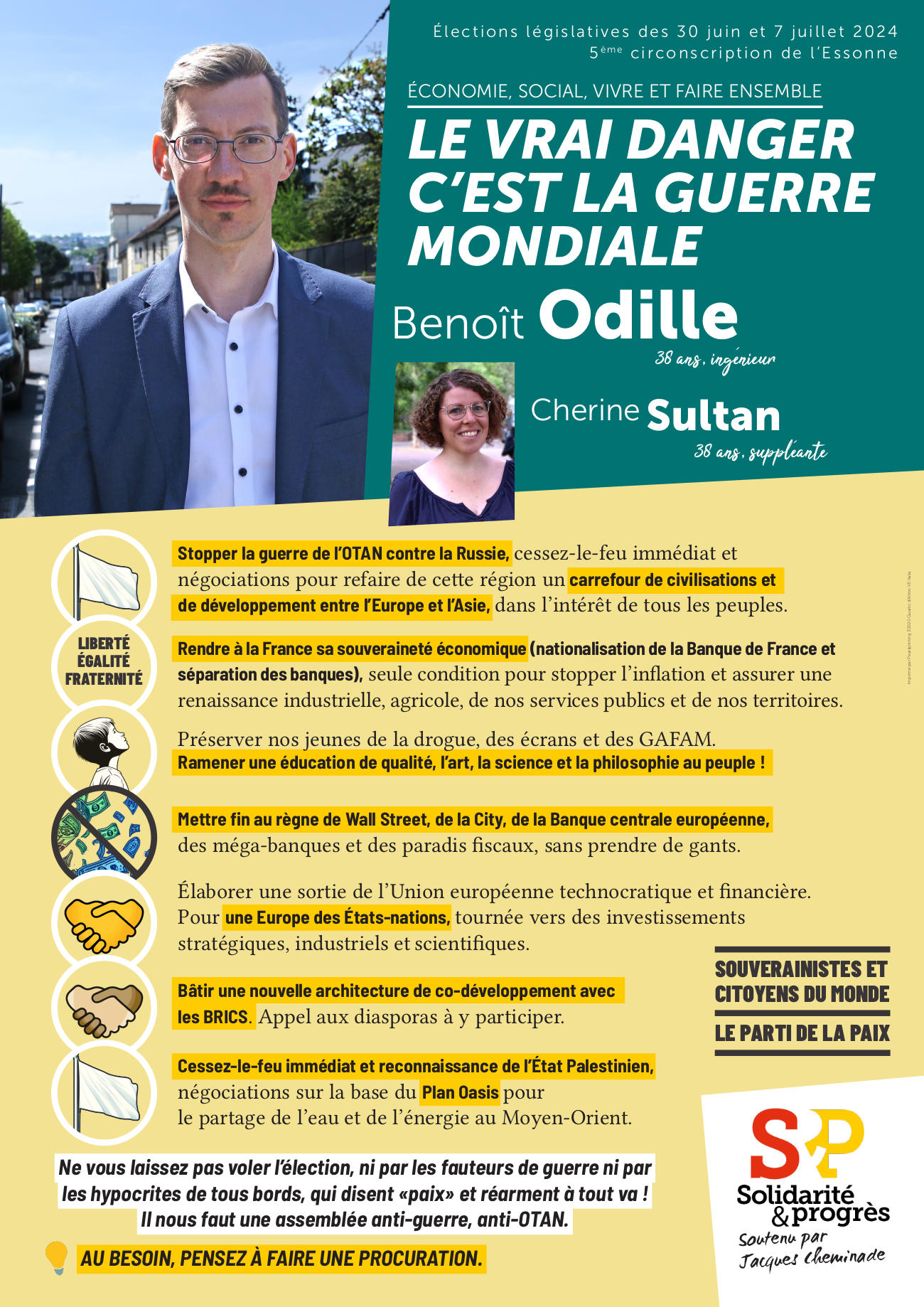 Affiche de campagne de Benoît Odille et sa suppléante Chérine Sultan, candidats S&P aux législatives 2024 dans la 5ème circonscription de l'Essonne.