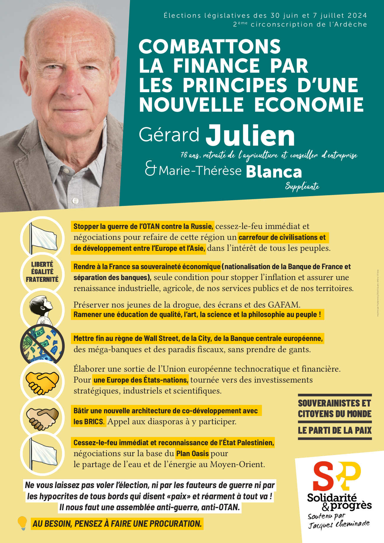 Affiche de campagne de Gérard Julien, candidat S&P dans la 2ème circonscription de l'Ardèche pour les législatives 2024