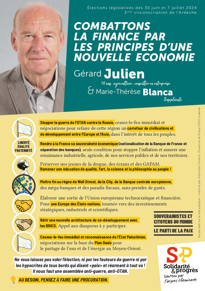 Profession de foi de Gérard Julien et Marie-Thérèse Blanca (suppléante), candidats dans la 2ème circo. de l'Ardèche pour les législatives 2024
