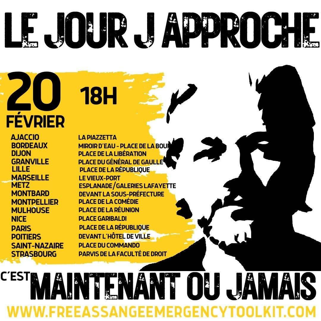 Affiche d'appel au rassemblement le 20 février à 18h dans plusieurs villes de France pour la libération de Julian Assange
