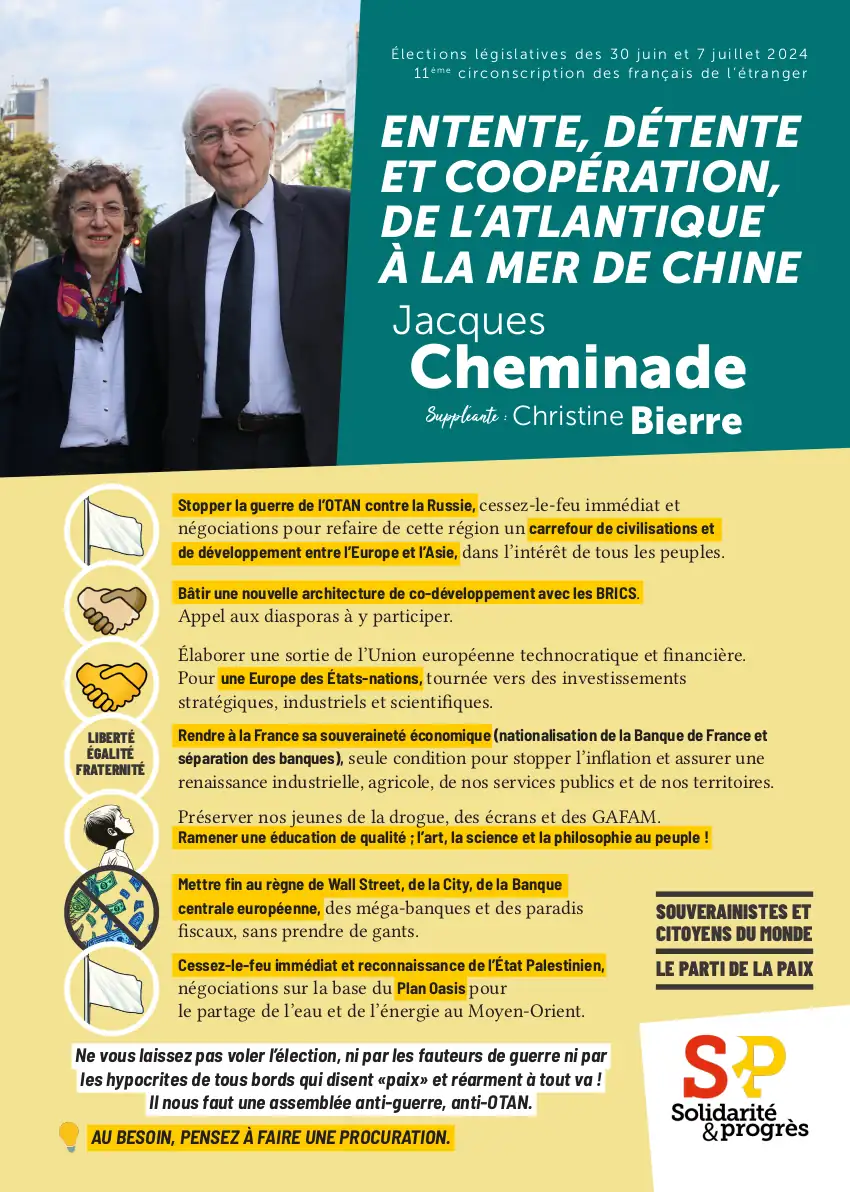 Profession de foi de Jacques Cheminade pour les législatives 2024